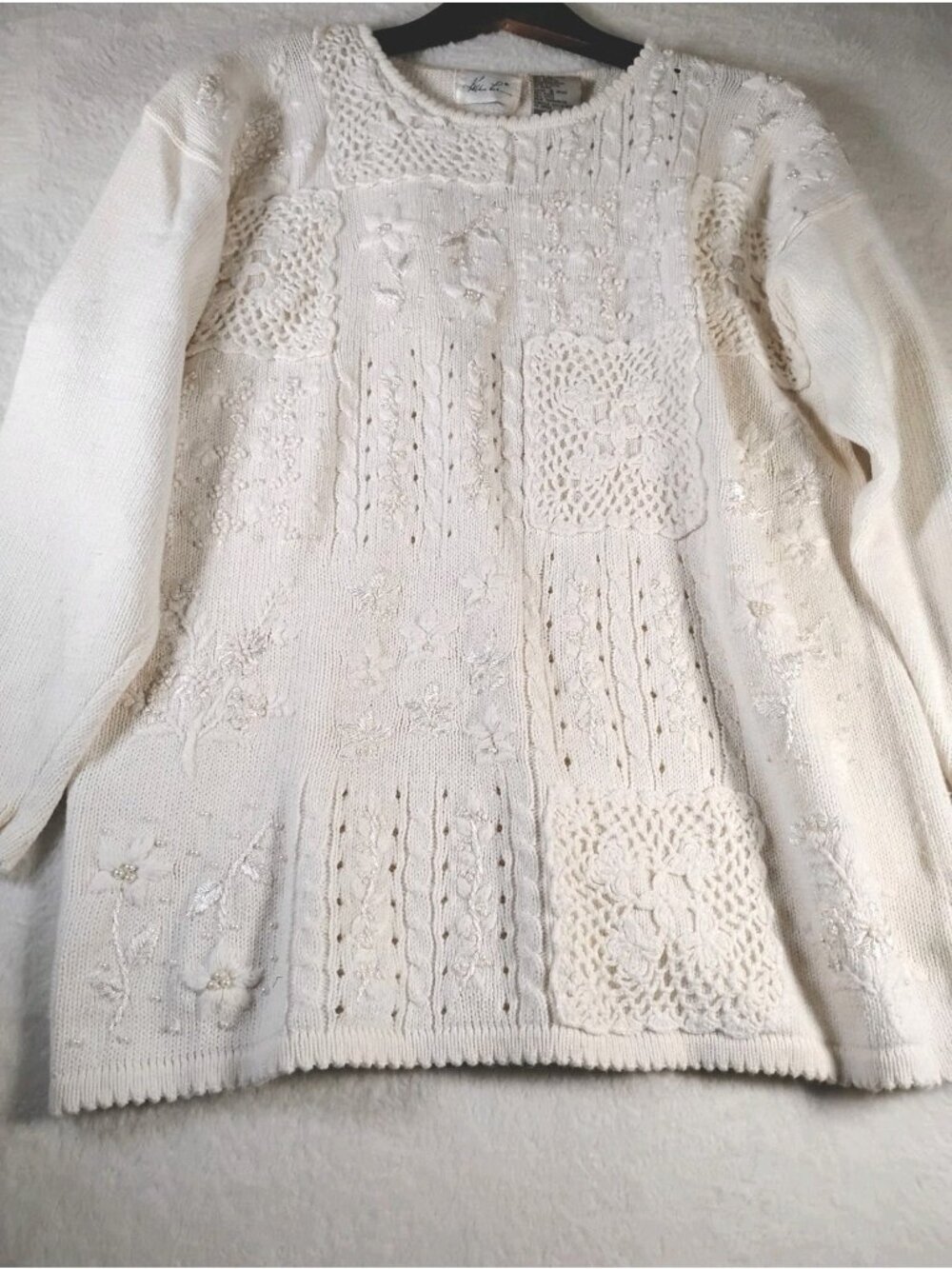 Vintage Kathie Lee Sweater Embroidered Patchwork Pearl Accent Size L Cream